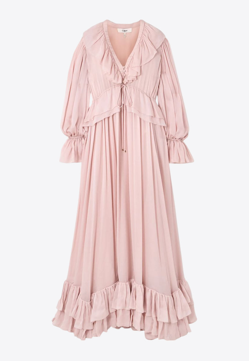 Chloé Ruffled Silk Maxi Dress Pink CH25URO973296H5 Pansy Pink