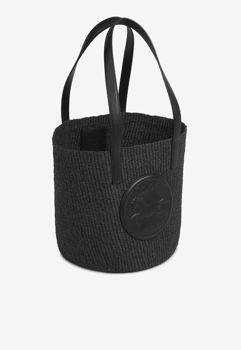 Chloé Horse Medal Woven-Raffia Basket Bag Black CH25US591P17001 Black