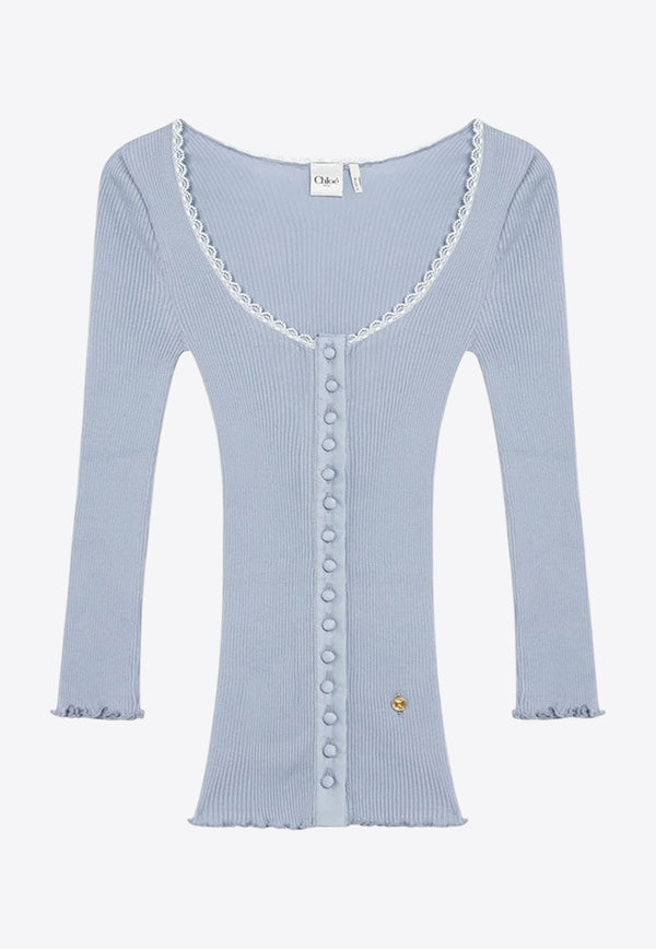 Chloé Scoop-Neck Fitted Cardigan Light Blue CH25WJC01185/R_CHLOE-49U