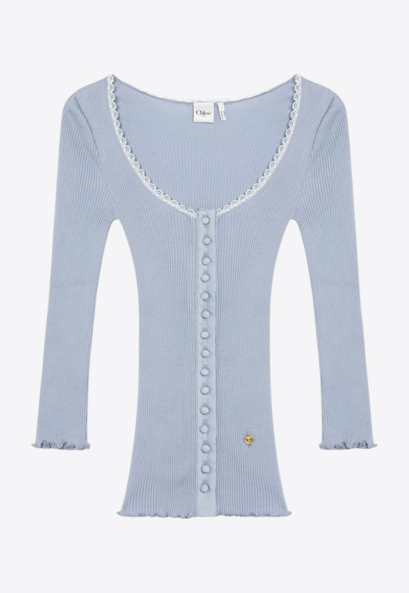 Chloé Scoop-Neck Fitted Cardigan Light Blue CH25WJC01185/R_CHLOE-49U