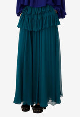 Chloé Ruffled Silk Maxi Skirt Teal CH26SJU03001 3K5