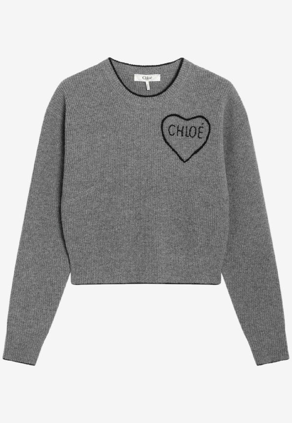 Chloé Heart Logo Ribbed Knit Sweater Gray CH26SMP39710/S_CHLOE-012