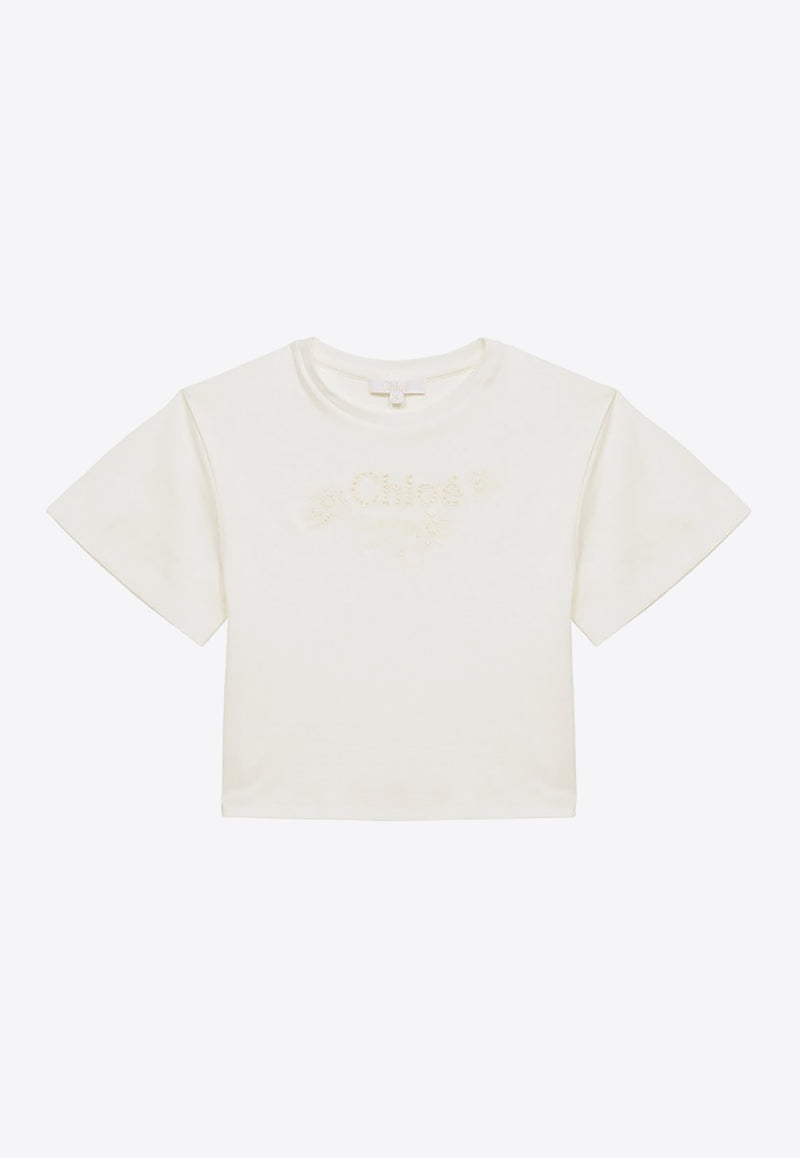 Chloé Kids Girls Logo Embroidered Crewneck T-shirt White CHC20109-ACO/O_CHLOE-117