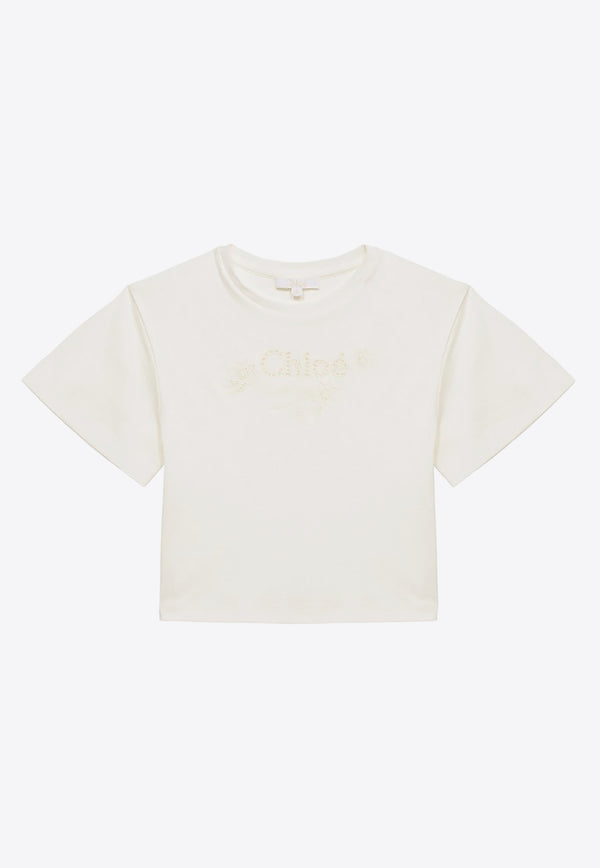 Chloé Kids Girls Logo Embroidered Crewneck T-shirt White CHC20109-CCO/O_CHLOE-117