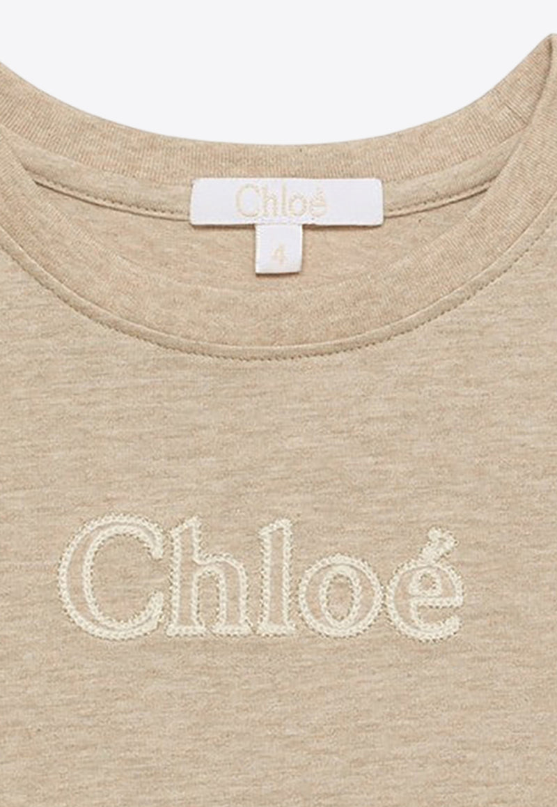 Chloé Kids Girls Logo Embroidered T-shirt Beige CHC20112-ACO/O_CHLOE-C03