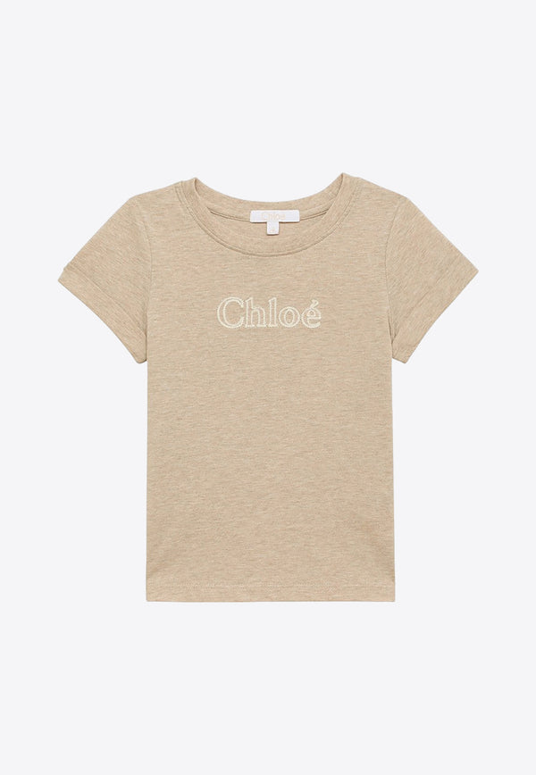 Chloé Kids Girls Logo Embroidered T-shirt Beige CHC20112-BCO/O_CHLOE-C03