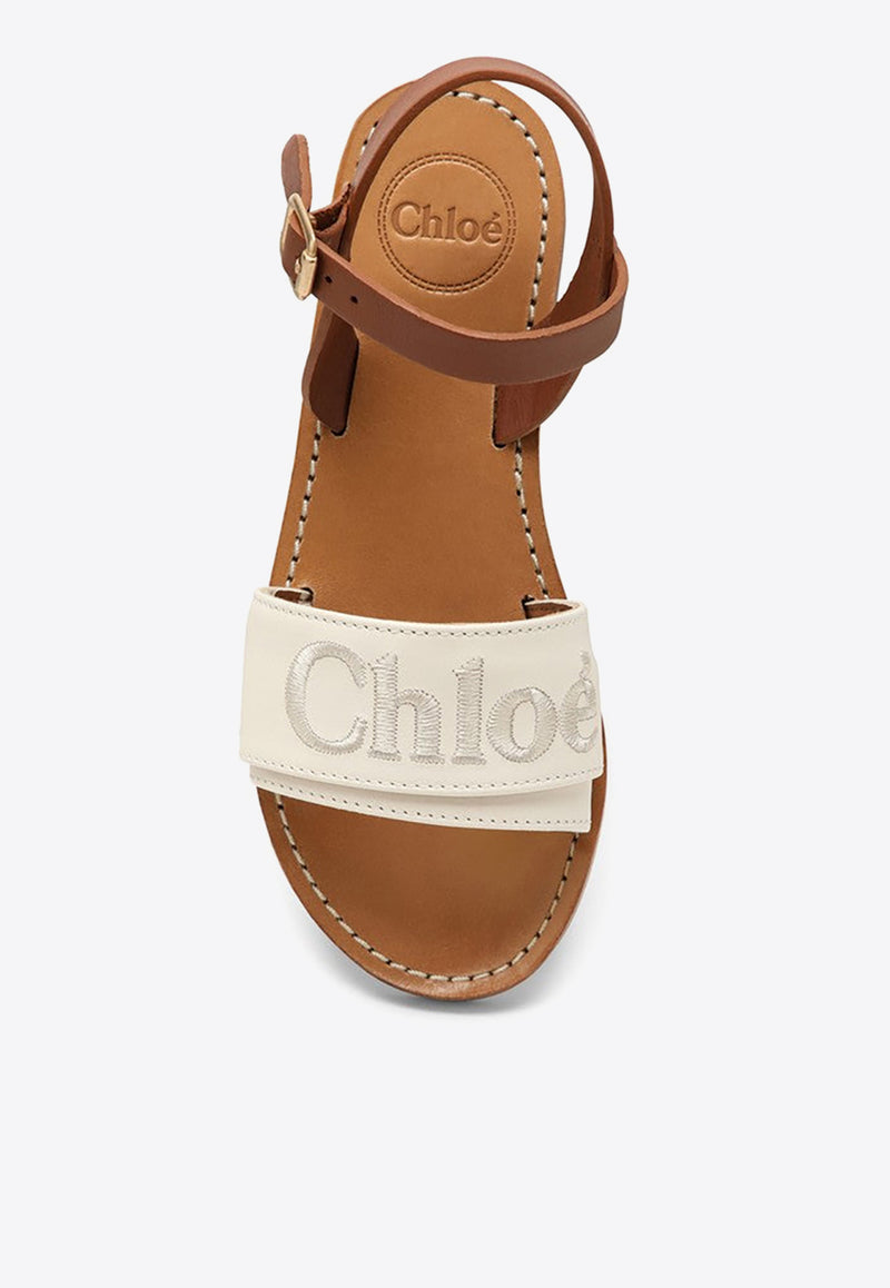 Chloé Kids Girls Logo Embroidered Leather Sandals Beige CHC20135-BLE/O_CHLOE-148