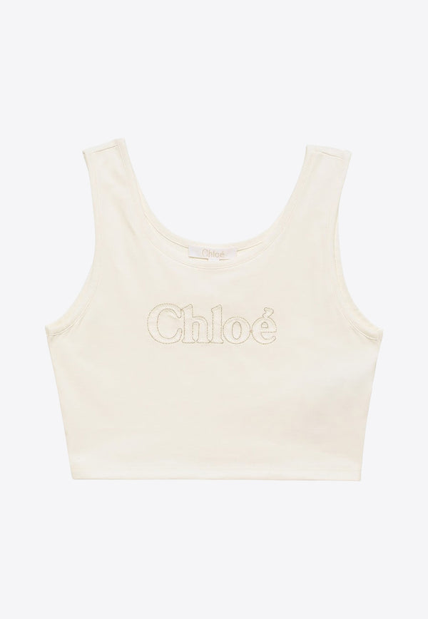 Chloé Kids Girls Logo Embroidered Cropped Top White CHC20180-BCO/O_CHLOE-117