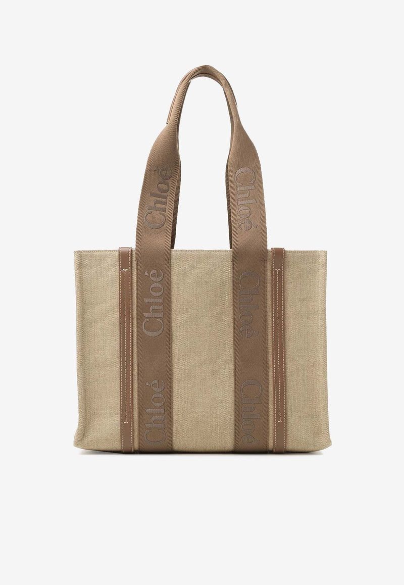 Chloé Woody Linen Tote Bag Beige CHC23AS383L1729X DARK NUT