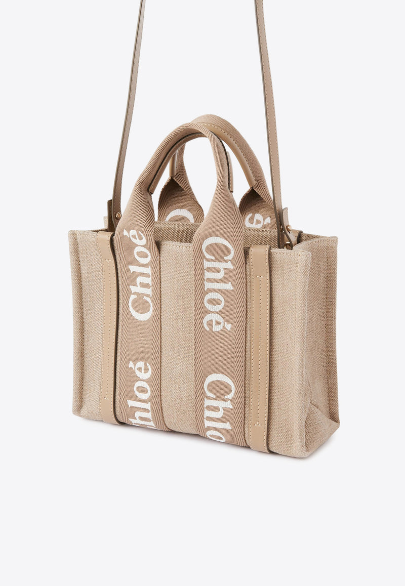 Chloé Small Woody Leather and Linen Tote Bag Beige CHC23AS397L1720E Boyish Brown