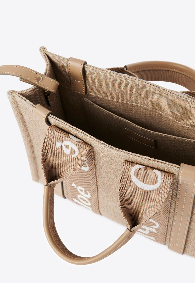 Chloé Small Woody Leather and Linen Tote Bag Beige CHC23AS397L1720E Boyish Brown
