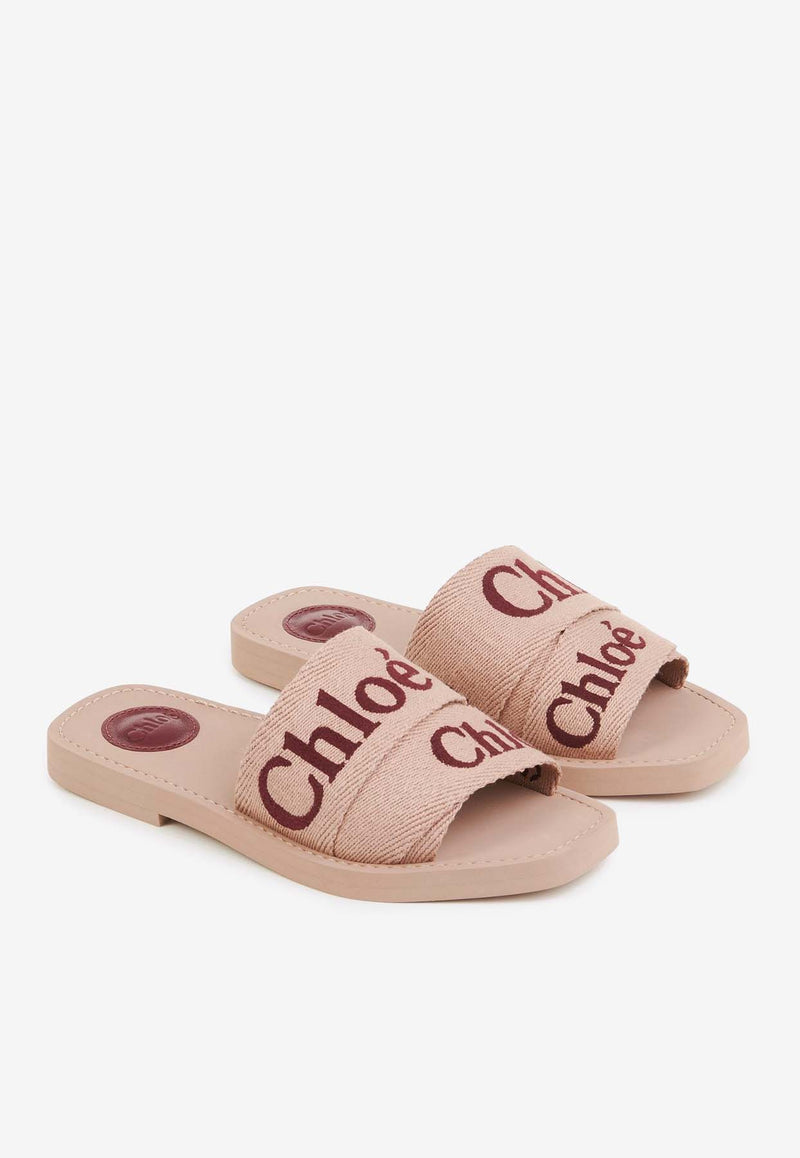 Chloé Woody Logo Flat Sandals Pink CHC23W188GH6L6 Tan Rose