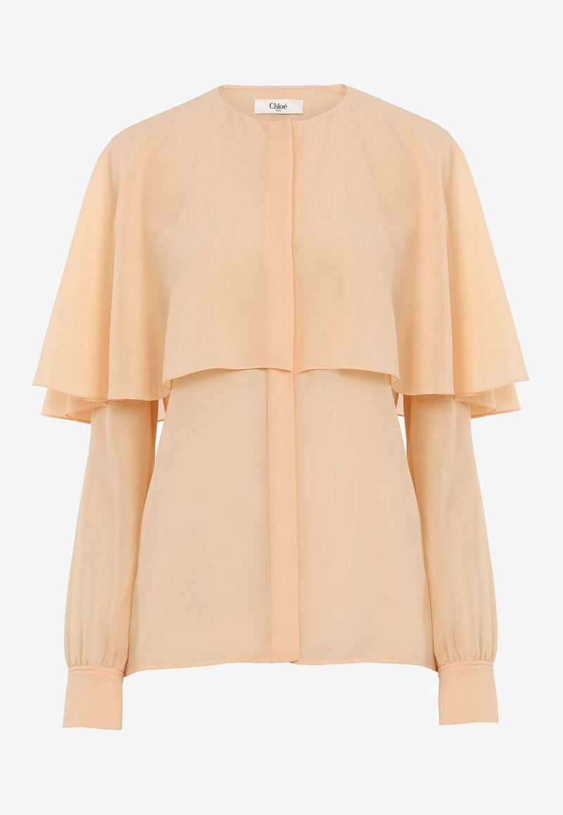 Chloé Long-Sleeved Cape Blouse in Silk Georgette CHC24AHT030026H9 Clay Pink