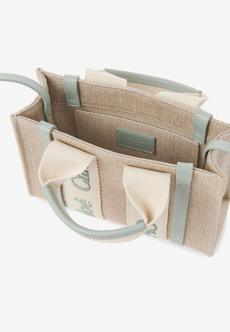 Chloé Mini Woody Tote Bag in Linen and Leather CHC24UP237L1738T