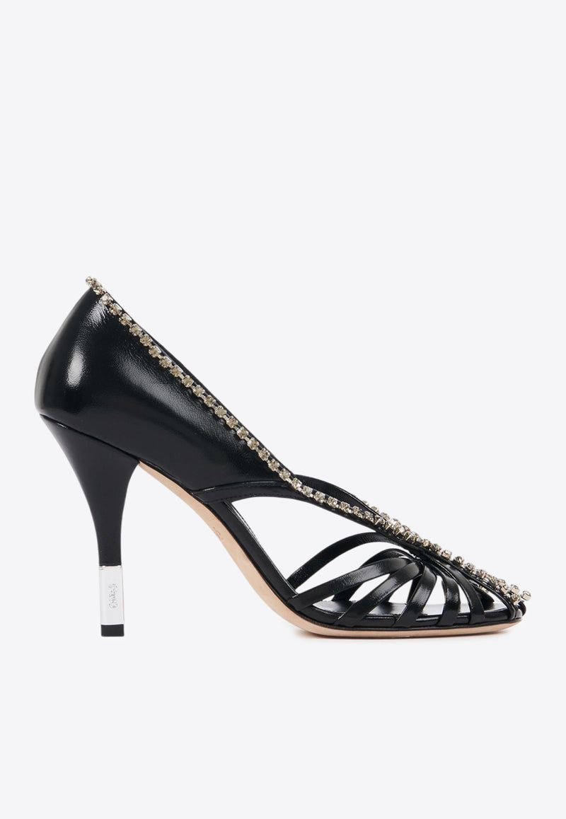 Chloé Leonie 95 Embellished Leather Pumps Black CHC25S07LPP0ZZ Black Silver