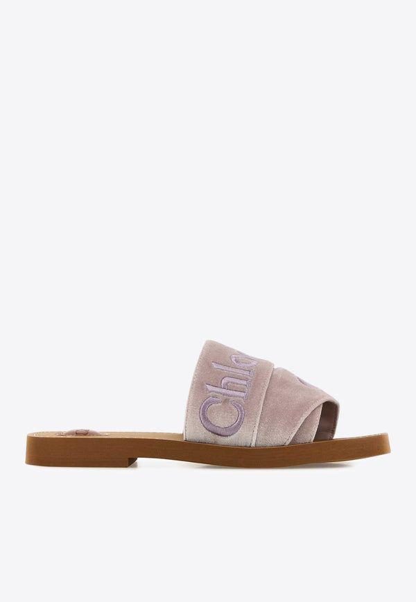 Chloé Woody Logo Embroidered Velvet Slides Pink CHC25S188QQ6K5 Light Rosewood