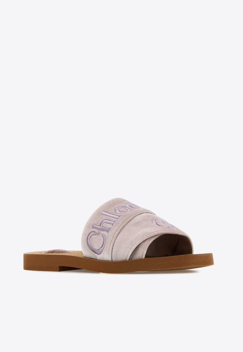 Chloé Woody Logo Embroidered Velvet Slides Pink CHC25S188QQ6K5 Light Rosewood