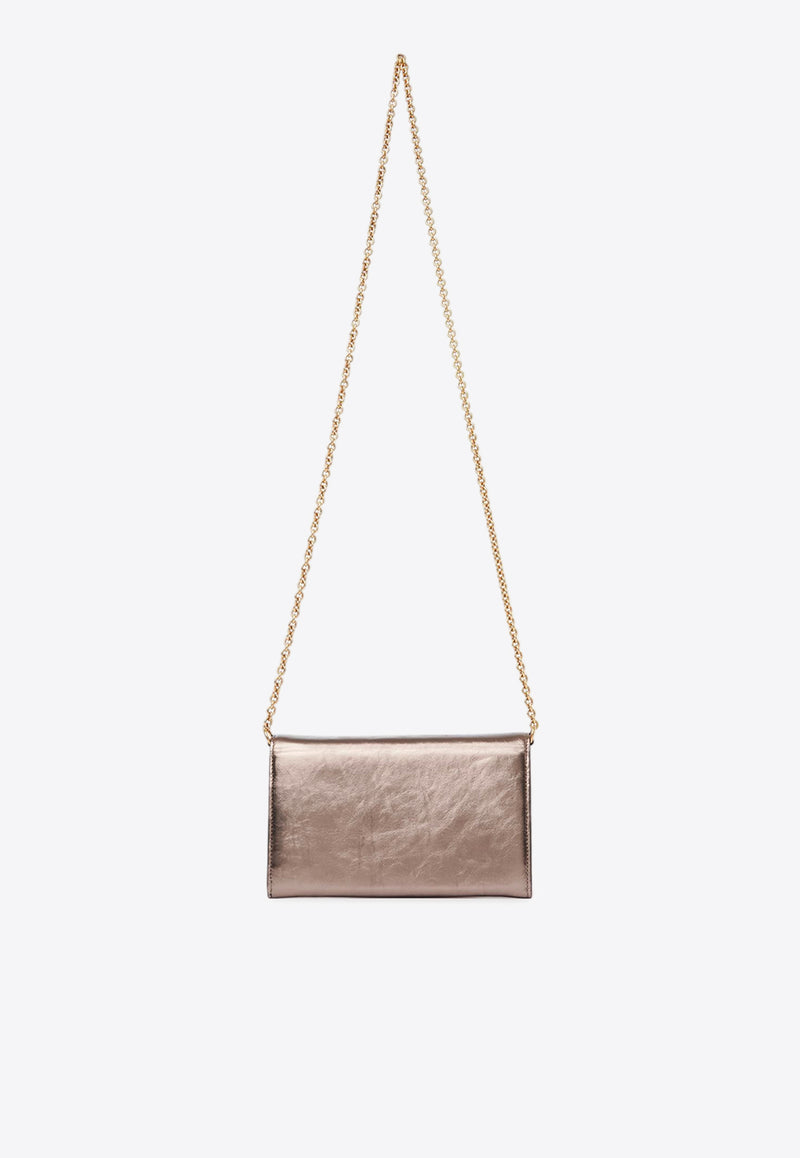 Chloé Iconic Logo Chain Clutch in Metallized Leather Gray CHC25SP485O54074 Shiny Grey