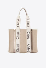 Chloé Woody Leather and Linen Tote Bag Gray CHC25SS383O81074 Shiny Grey