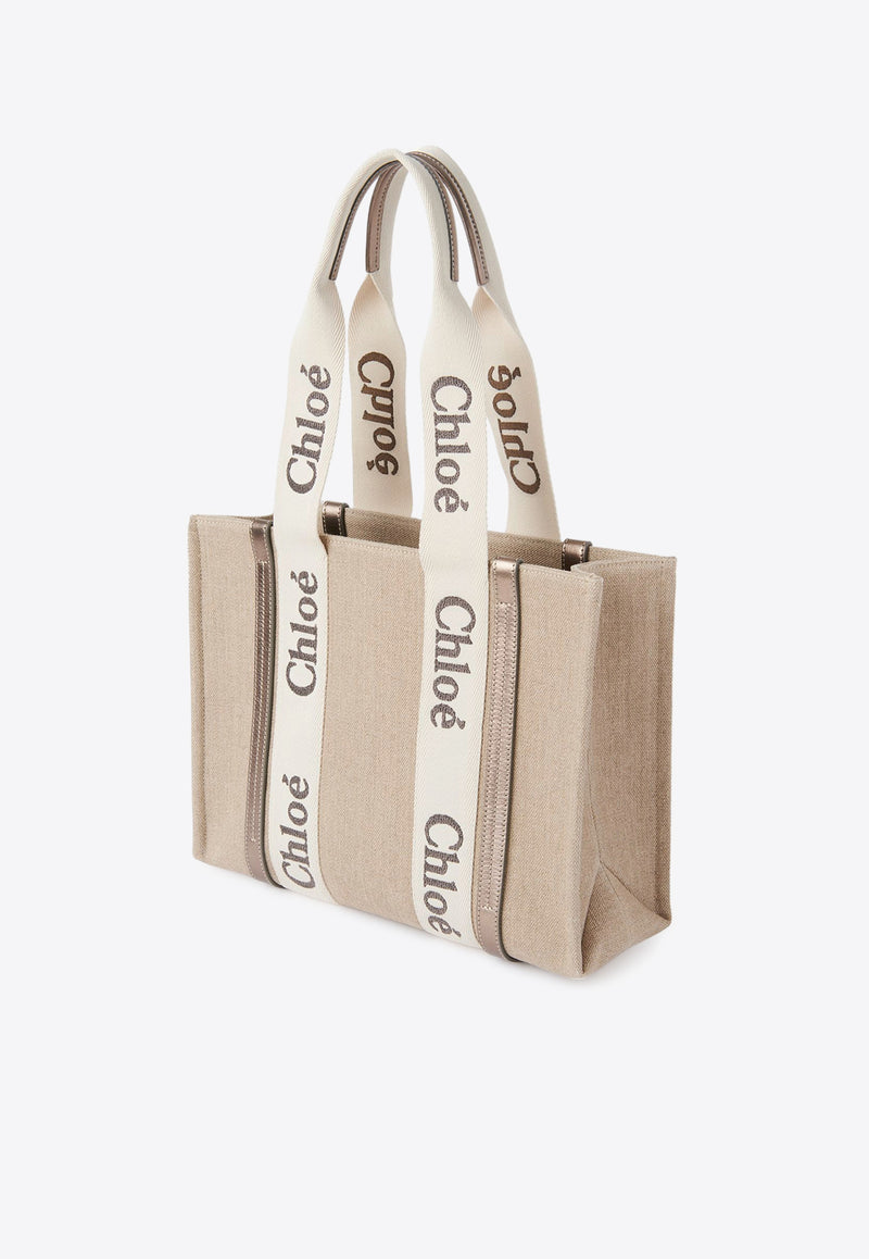 Chloé Woody Leather and Linen Tote Bag Gray CHC25SS383O81074 Shiny Grey
