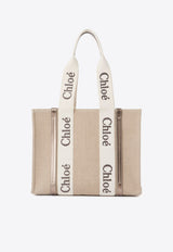 Chloé Woody Leather and Linen Tote Bag Gray CHC25SS383O81074 Shiny Grey
