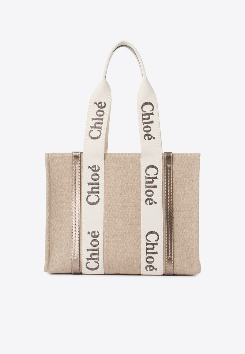 Chloé Woody Leather and Linen Tote Bag Gray CHC25SS383O81074 Shiny Grey