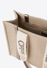 Chloé Woody Leather and Linen Tote Bag Gray CHC25SS383O81074 Shiny Grey