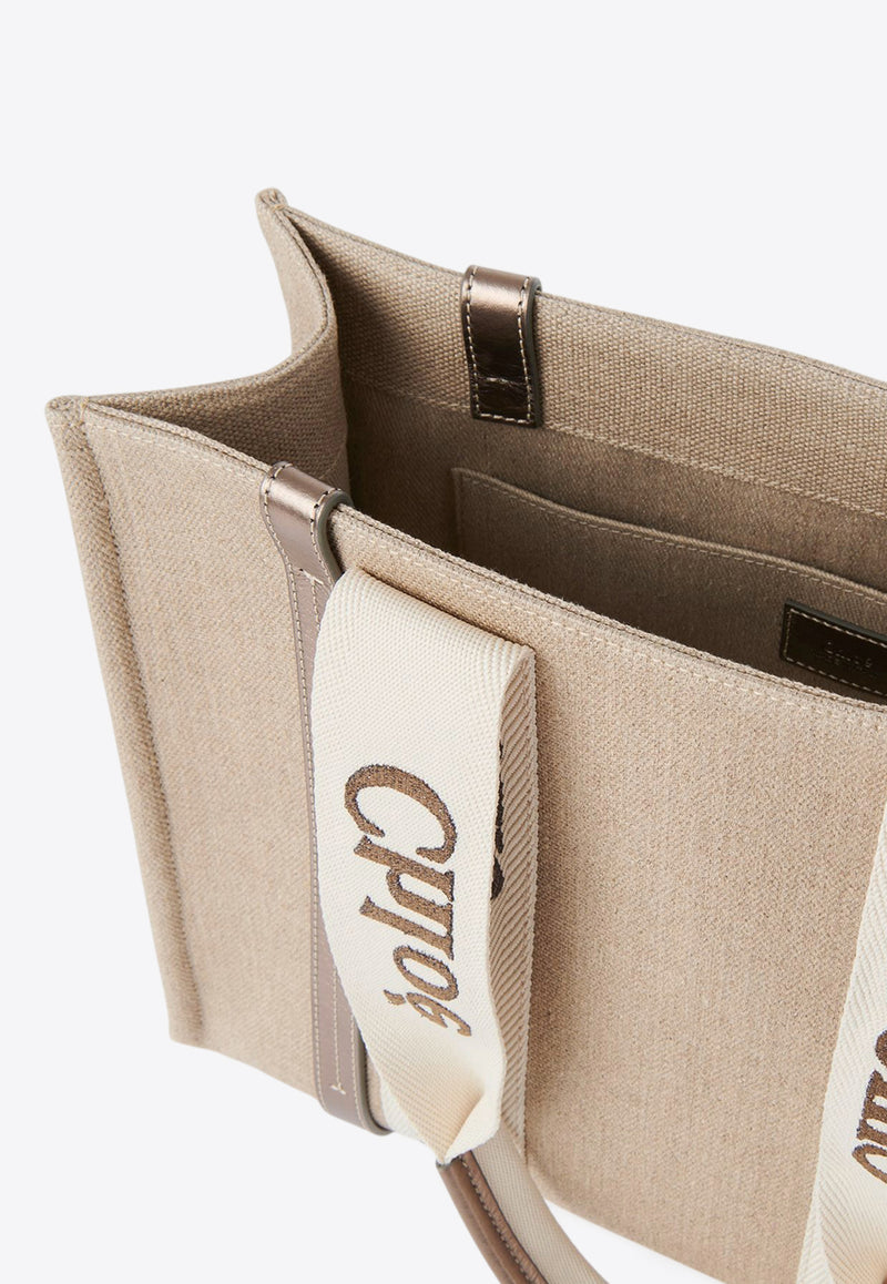 Chloé Woody Leather and Linen Tote Bag Gray CHC25SS383O81074 Shiny Grey