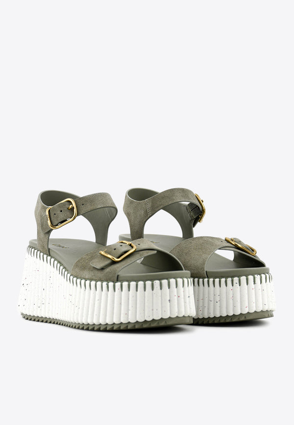 Chloé Nama 80 Suede Wedge Sandals Khaki CHC25U10PRY21E Soft Khaki