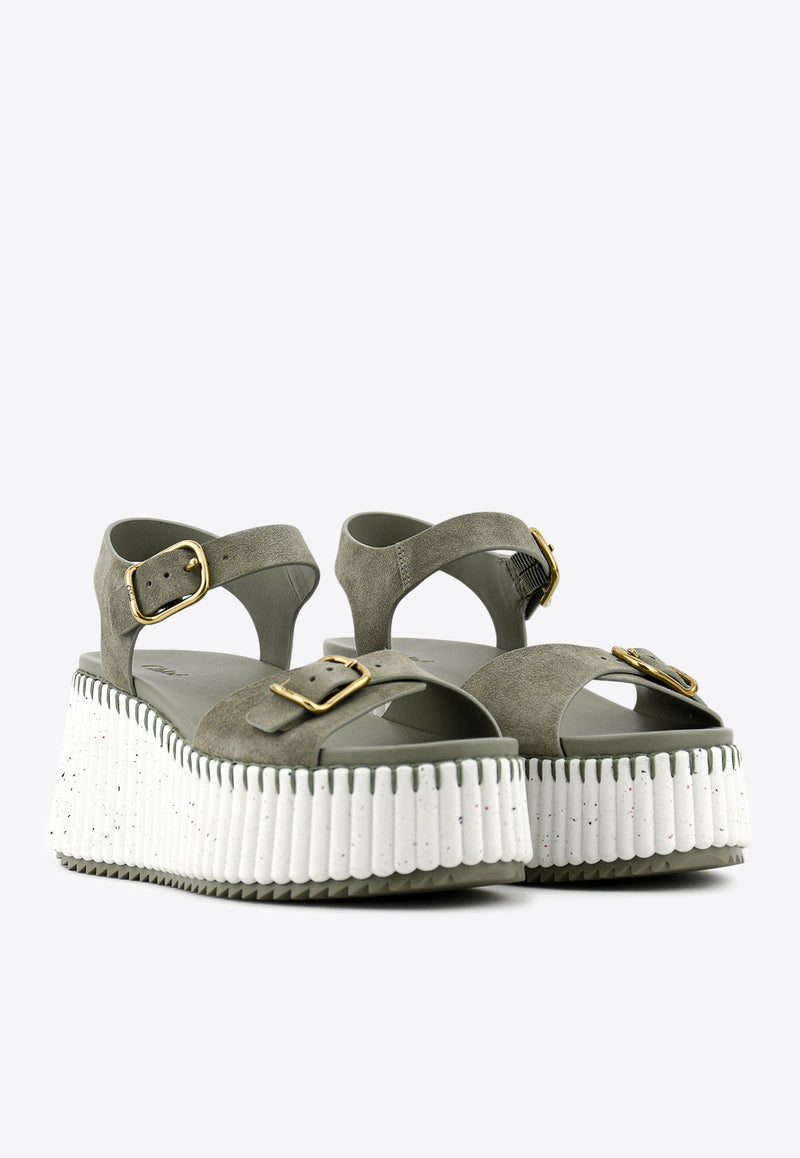 Chloé Nama 80 Suede Wedge Sandals Khaki CHC25U10PRY21E Soft Khaki