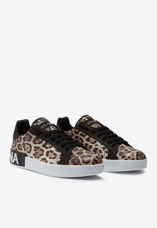 Dolce & Gabbana Portofino Leopard Print Leather Low-Top Sneakers Brown CK1570 AA990 HK13M