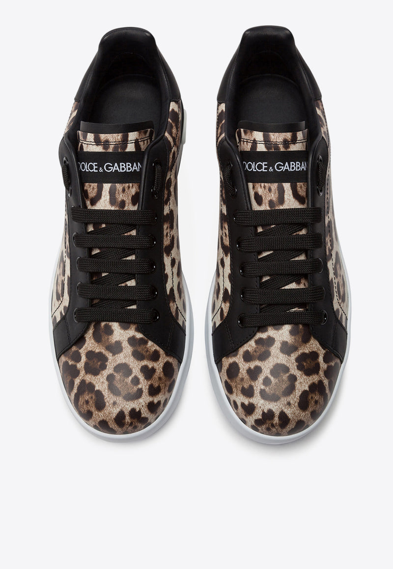 Dolce & Gabbana Portofino Leopard Print Leather Low-Top Sneakers Brown CK1570 AA990 HK13M