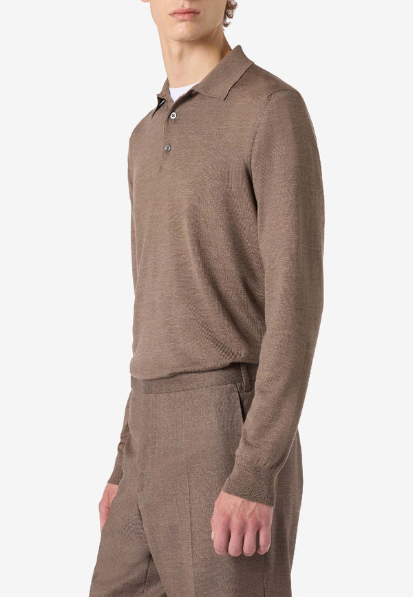 Lardini Fine Knit Long-Sleeved Wool Polo T-shirt Brown CNLPML55_LIGHT BROW