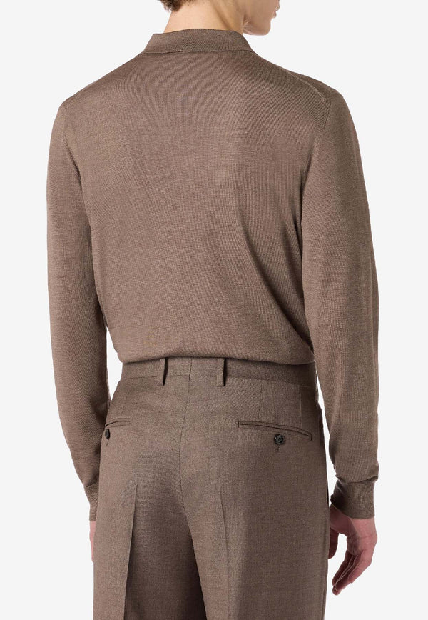 Lardini Fine Knit Long-Sleeved Wool Polo T-shirt Brown CNLPML55_LIGHT BROW