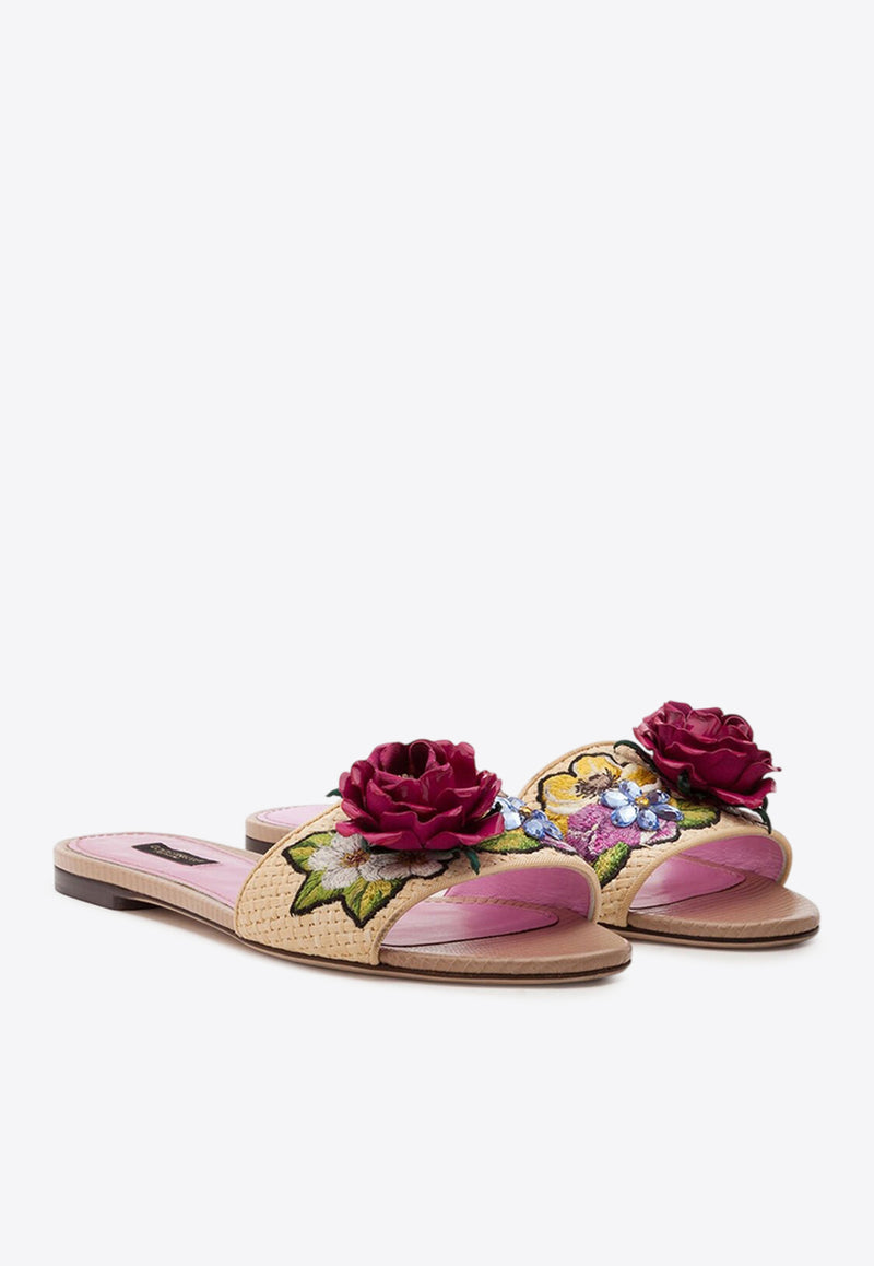 Dolce & Gabbana  Bianca Floral Embroidered Flat Sandals Beige CQ0331 AX051 89708