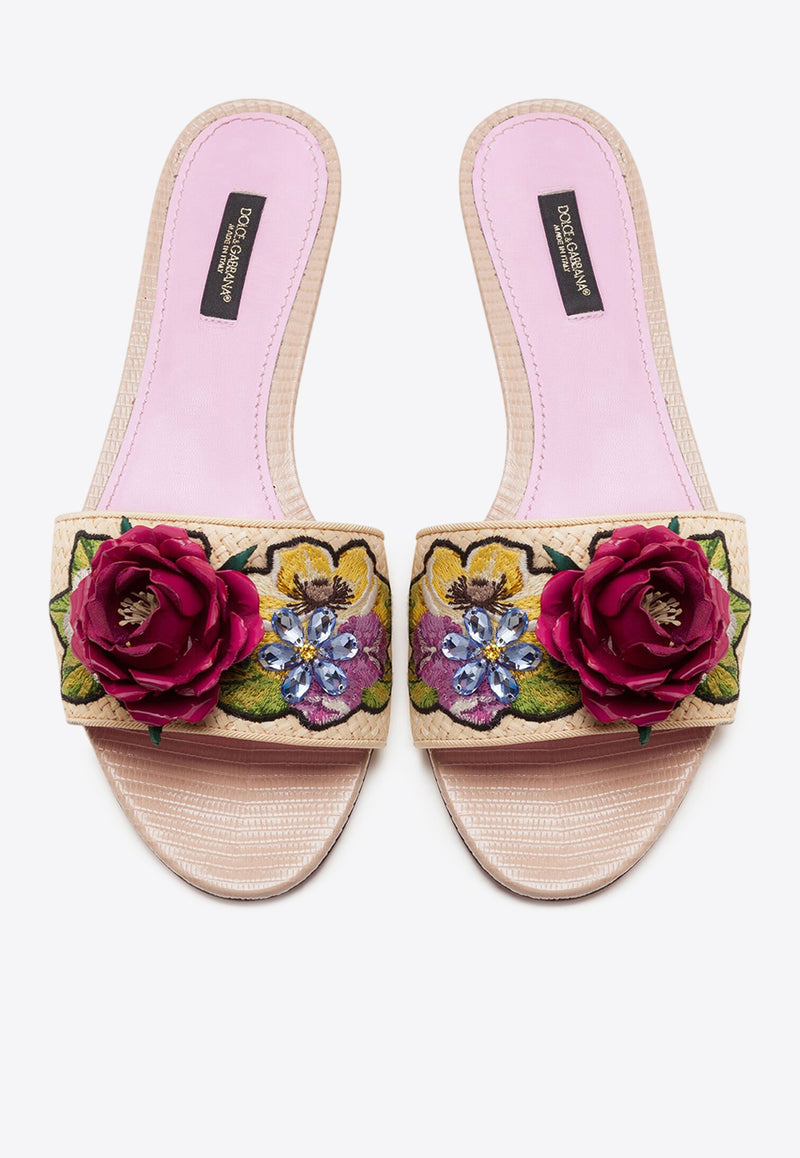 Dolce & Gabbana  Bianca Floral Embroidered Flat Sandals Beige CQ0331 AX051 89708