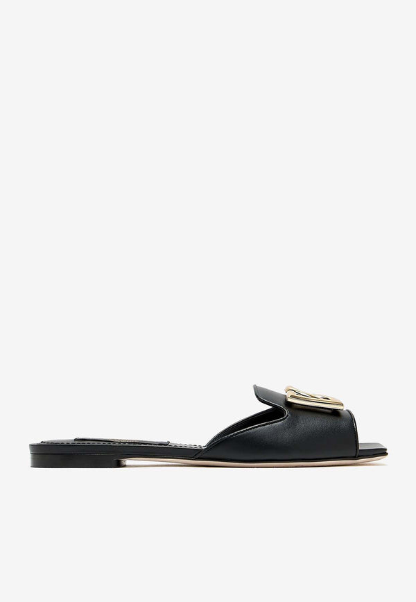 Dolce & Gabbana DG Logo Calf Leather Flat Sandals Black CQ0593 CW576 80999