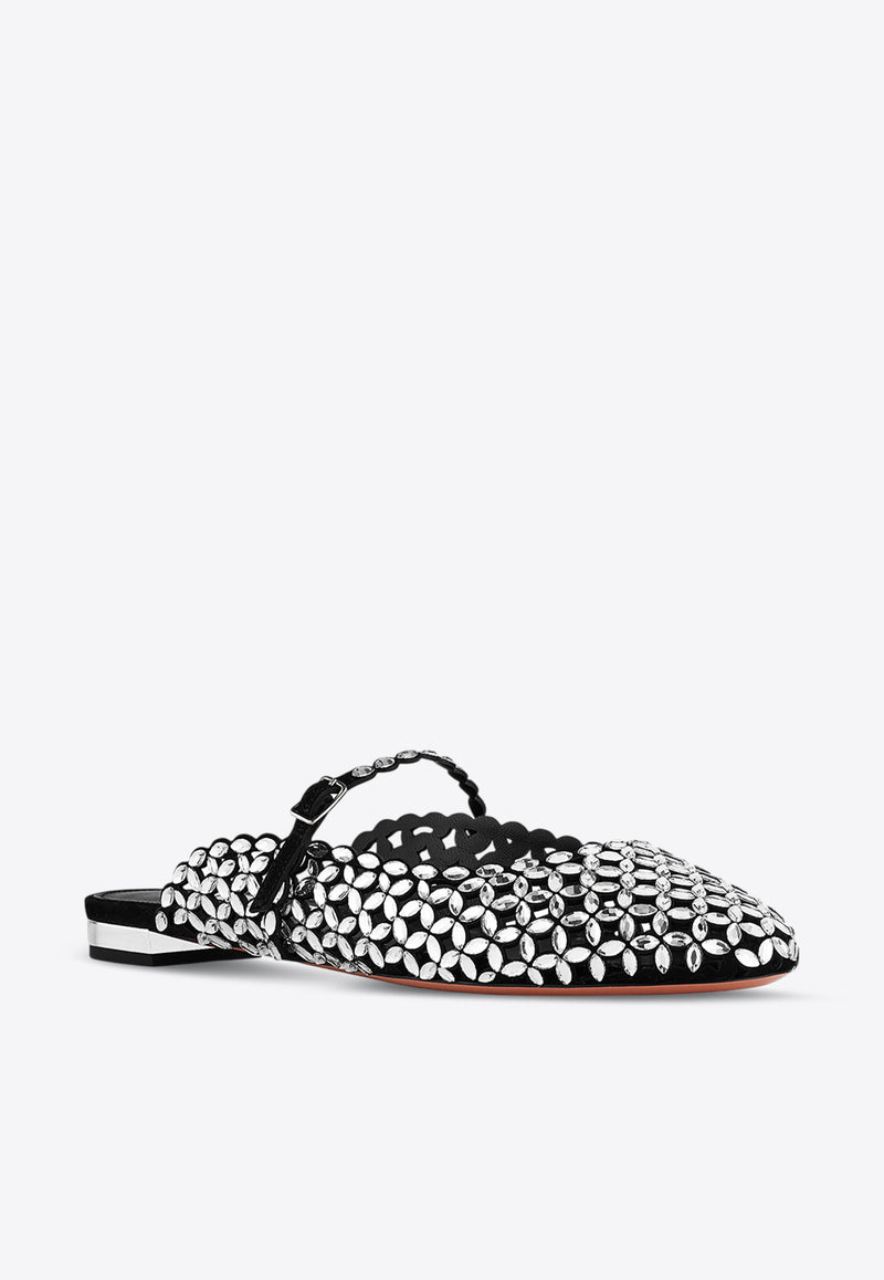 Aquazzura Crystal-Embellished Flat Mules CTAFLAA1-SUE-000 Black