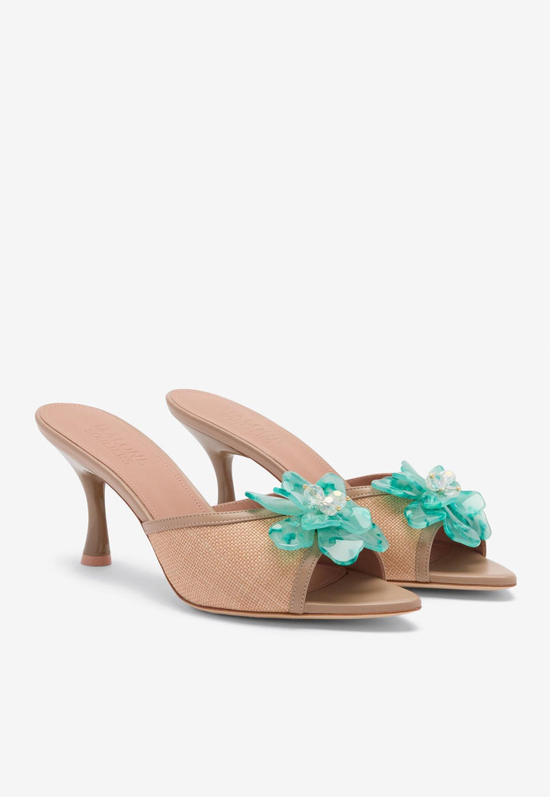 Malone Souliers Cyd 70 Flower Embellished Raffia Sandals CYD 70-2 LINO/MUSHROOM