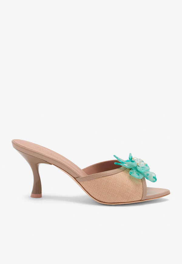 Malone Souliers Cyd 70 Flower Embellished Raffia Sandals CYD 70-2 LINO/MUSHROOM
