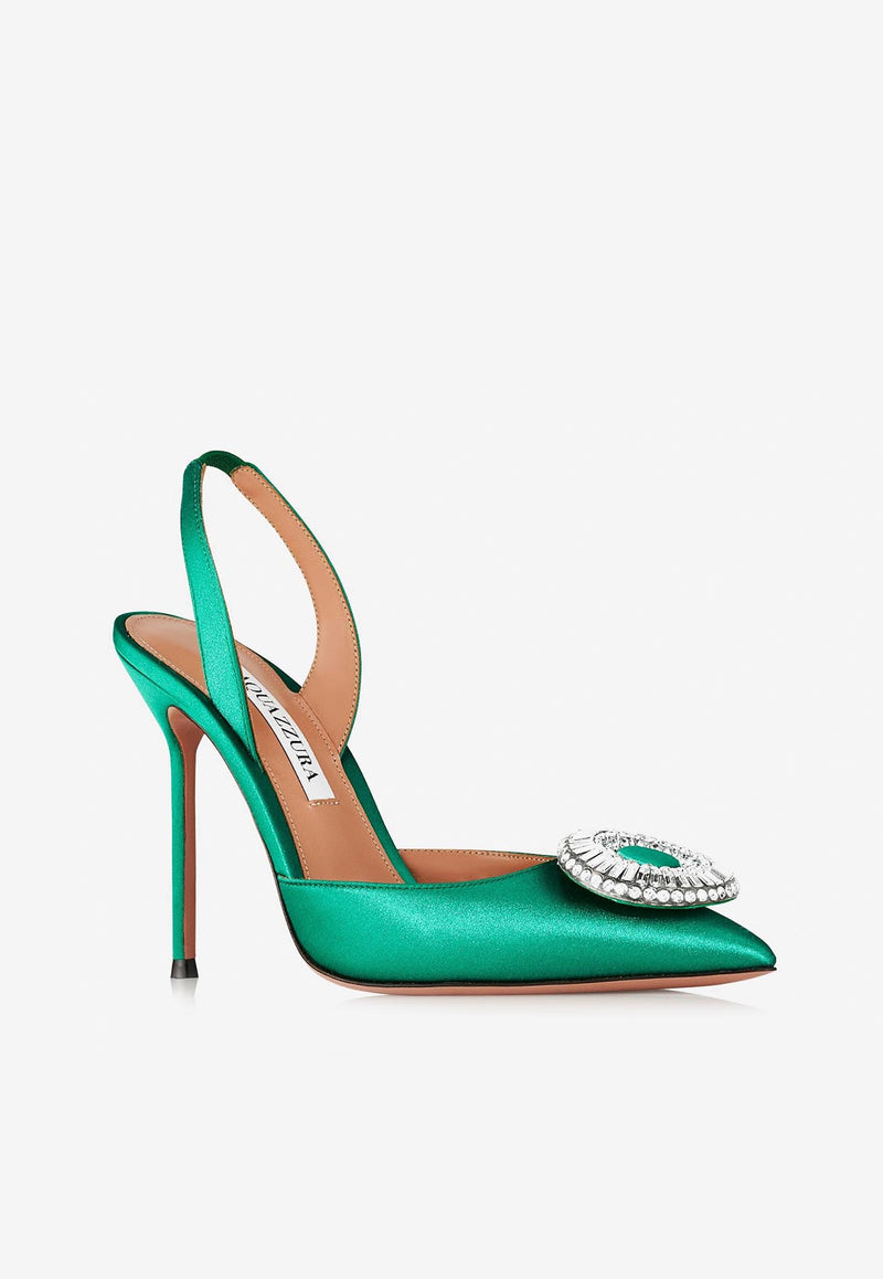 Aquazzura Crystal Hoop 105 Slingback Pumps CYPHIGL0-SATEME EMERALD