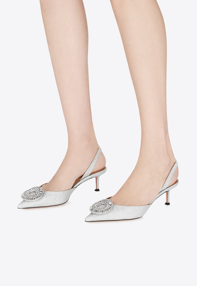 Aquazzura Crystal Hoop 50 Slingback Pumps CYPMIDL0-GTS-CCC Silver