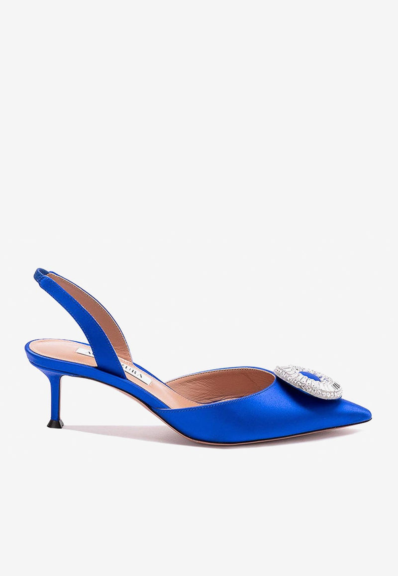 Aquazzura Crystal Hoop 50 Satin Slingback Pumps CYPMIDL0-SAT84D ROYAL BLUE