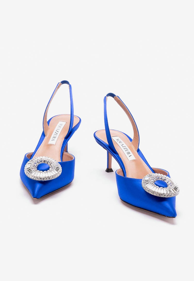 Aquazzura Crystal Hoop 50 Satin Slingback Pumps CYPMIDL0-SAT84D ROYAL BLUE