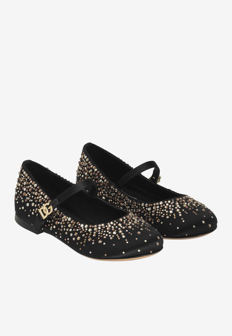 Dolce & Gabbana Kids Girls Rhinestone Embellished Satin Ballet Flats Black D11274 A5723 80999