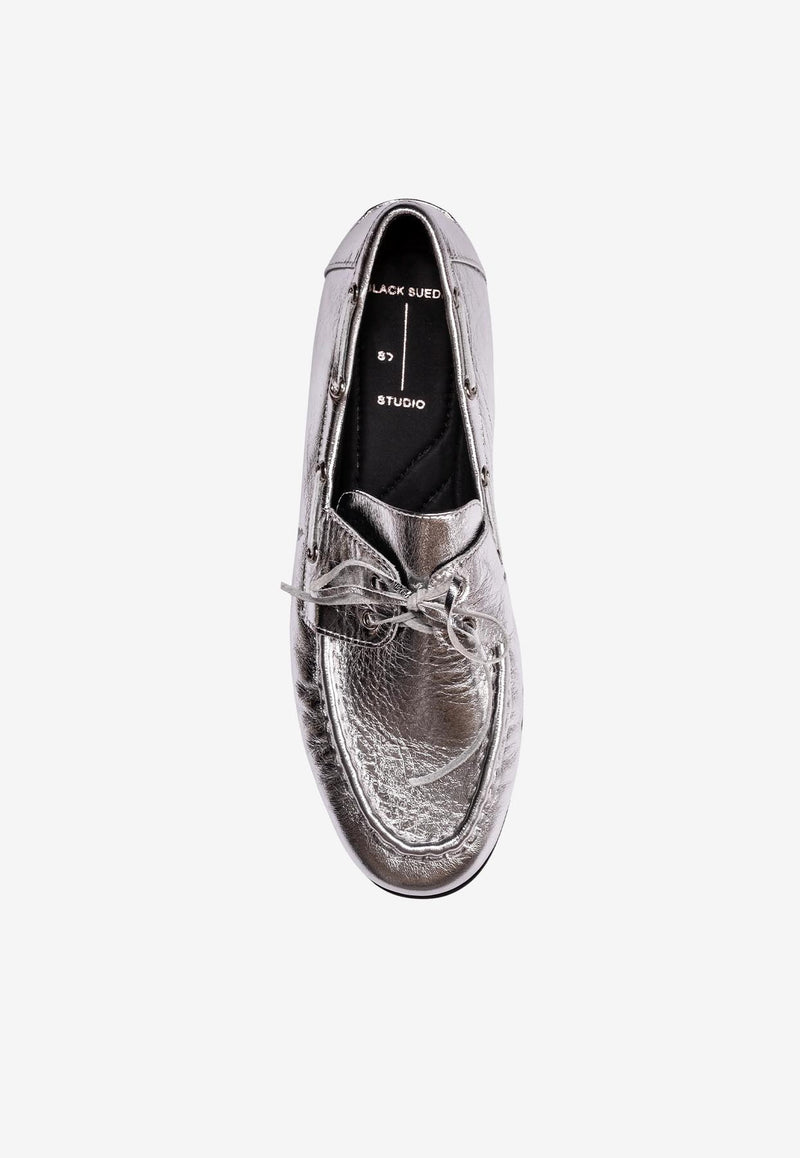 BLACK SUEDE STUDIO Davy Crinkled Metallic Leather Loafers Silver DAVY_SILVER