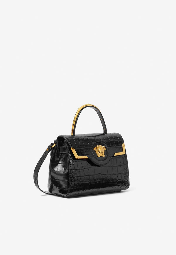 Versace La Medusa Top Handle Bag in Croc-Embossed Leather Black DBFI039 1A08724 1B00V