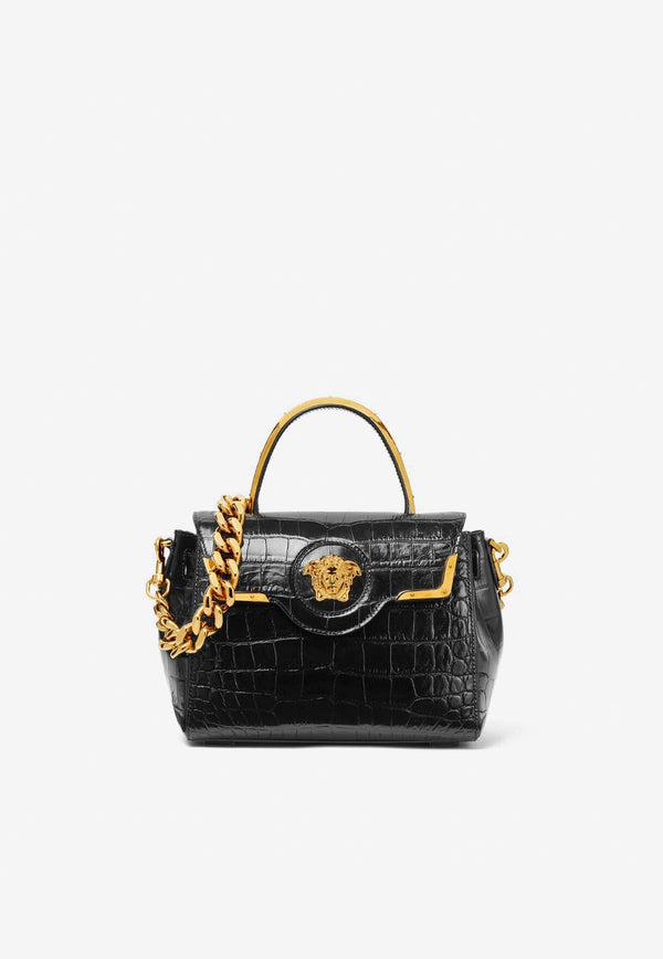 Versace La Medusa Top Handle Bag in Croc-Embossed Leather Black DBFI039 1A08724 1B00V