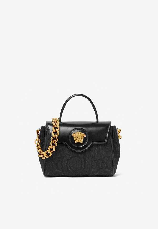 Versace Small La Medusa Top Handle Bag in Croc-Embossed Leather Black DBFI040 1A08724 1B00V