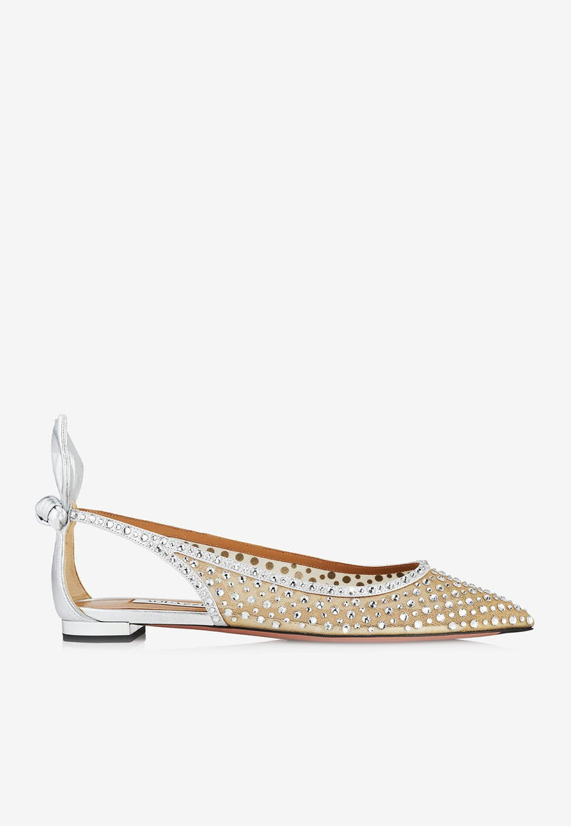 Aquazzura Bow Tie Crystal Tulle Pointed-Toe Flats DCTFLAA0-NPUCCC SILVER